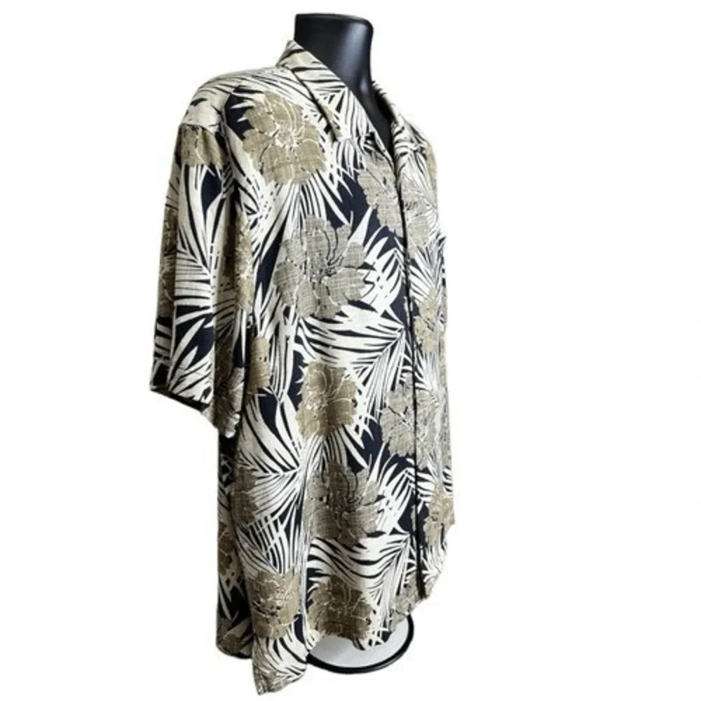 Caribbean Pure‎ Silk Men's Shirt Short Sleeve Tropical Print Black Tan Cream XL